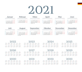 German Calendar for 2021-2033. Week starts on Monday