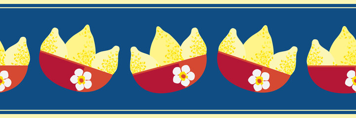 Vector border with textured lemons in red floral bowls. Seamless citrus fruit banner with space for text on navy blue backdrop with striped edging. Hand drawn graphic design with summer vibe.