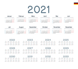 German Calendar for 2021-2033. Week starts on Monday