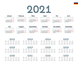 German Calendar for 2021-2033. Week starts on Monday