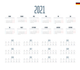 German Calendar for 2021-2033. Week starts on Monday