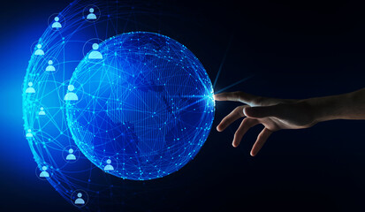 Hand Touching World Globe Over Blue Background, Global Network Collage