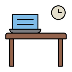 Laptop and Office Table clock Design, workplace back view vector icon design 
