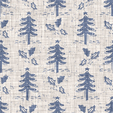 Seamless French Farmhouse Linen Printed Winter Damask Background. Provence Blue Gray Linen Pattern Texture. Shabby Chic Style Festive Fir Christmas Tree Background. Textile Rustic All Over Print