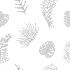 Vector seamless pattern tropical leaves in gray color on white background. For wallpapers, decoration, invitation, fabric, textile and print, web page background, gift and wrapping paper.