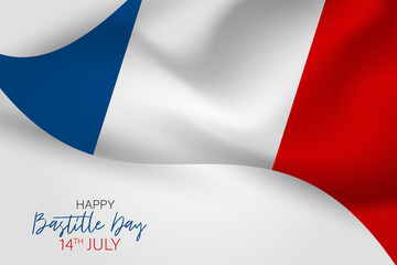 Bastille Day. July 14th French national holiday banner or flyer. Blue, white, and red tricolor waving  flag of France. Vector illustration with lettering.