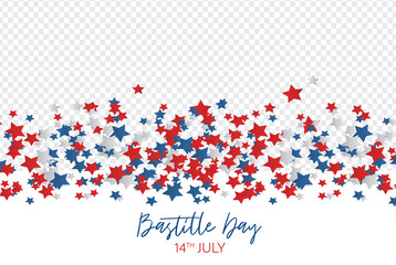 Bastille Day. July 14th France national holiday celebration banner or flyer overlay decor. Blue, white, and red stars. Vector illustration with lettering.