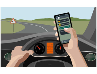Vector illustration of texting with smartphone while driving in a highway