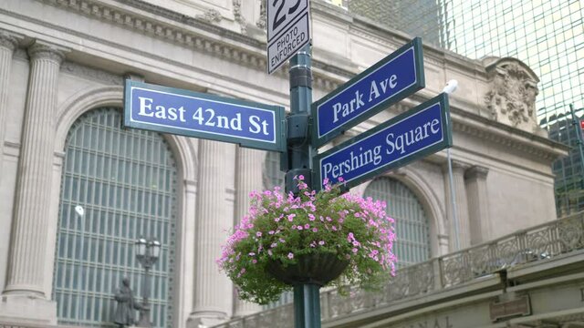 Park Ave and Pershing Square Sign In New York City in 4K Slow motion 60fps