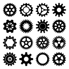 Mechanical gear collection 16 icon, black machinery cogwheel silhouette set, isolated on white background. Vector illustration.
