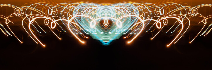 Abstract background with neon lines and curls from lights with the movement of light at the top of...
