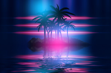 Abstract futuristic background. Neon glow, reflection of tropical palm trees on the water. Night view, beach party. 3d illustration