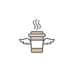 take-out coffee with cap, cup holder and wings. disposable cardboard cup of coffee.