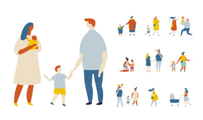 Flat vector cartoon family. Parents and kids. Childhood. Outdoor.