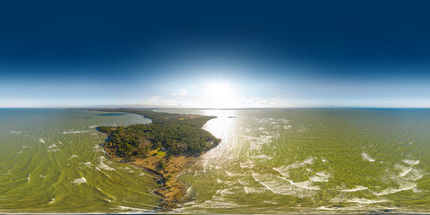 An aerial drone view of the Lahepere Bay, Estonia. 360 degrees panorama