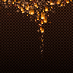 Lanterns isolated on transparent background. Diwali festival floating lamps. Vector indian paper flying lights with flame at night sky © Kindlena