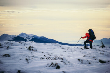 Fototapeta na wymiar A man riding skis down a snow covered slope