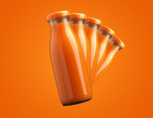 Five bottles with organic juice in a row on an orange background , healthy food concept