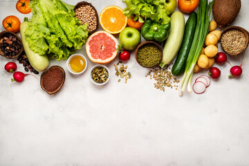 Set of different vegetables cereals beans. Top view with place for text.