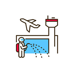 Airport disinfection color line icon. Worker in protective suit with disinfector sprayer. Cleaning service. Pictogram for web, mobile app, promo. UI UX design element