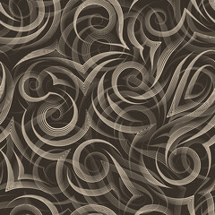 Seamless vector pattern of smooth lines drawn by beige pen in the form of spirals and curls isolated on a brown background. Print for clothes or paper.