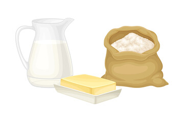 Baking Ingredients with Butter and Jug of Milk Vector Illustration