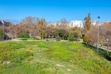 Central Park and water canal in Valencia . Walking and jogging people in the urban park 