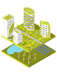 Green city concept of isometric building and solar panels. The world in an environmentally friendly city.
 Green Architecture