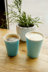 Blue paper glasses with hot fresh coffee stands on a wooden table in a cafe. The interior of the cafe with a Ripsalis cactus (twig) and other green plants. The view from the coffee shop.