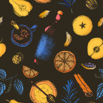 Vector illustration seamless pattern hot winter alcoholic drink mulled wine in bright colors on a dark. Ingredients and spices for mulled wine in sketch style for wrapping, packaging, menu design.