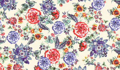 Seamless floral background scarf art abstract design textile. seamless beautiful artistic bright tropical pattern with exotic forest. Colorful Fabric Flower pattern. Beautiful vintage Floral