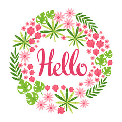 Vector illustration with frame of leaves, flowers and lettering Hello. Floral circle border on white background. Greeting card in tropical style.
