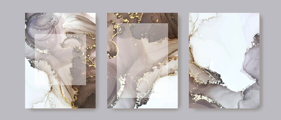 Modern card design. Hand painted marble texture. Gold, white, grey, nude colors brochure, flyer, invitation template. Wedding invitation style. Vector.