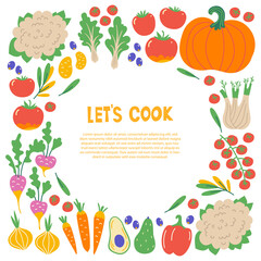 Healthy food flat set. Scandinavian illustration of vegetables. Cooking courses poster with text space. Copyspace concept for farm market, restaurant menu design, banner, cookbook page.