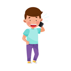 Little Boy Character Standing and Speaking by Phone Vector Illustration