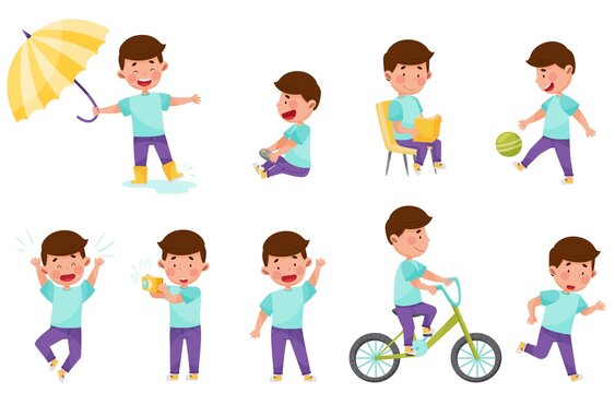 Little Boy Character Engaged in Book Reading and Computer Game Playing Vector Illustration Set