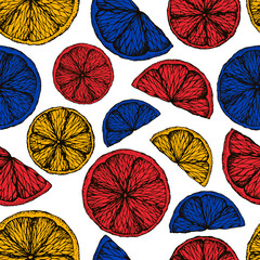 Vector illustration of a seamless pattern with slices of oranges in hand drawing style. Bright juicy yellow, red, blue citruses for fabric, packaging, wrapping paper and stationery. mulled wine design