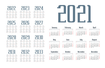 English calendar for years 2021-2033, week starts on Sunday