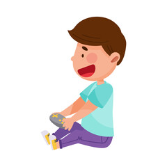 Boy Character Sitting on the Floor with Joystick and Playing Computer Game Vector Illustration