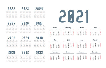 English calendar for years 2021-2033, week starts on Sunday