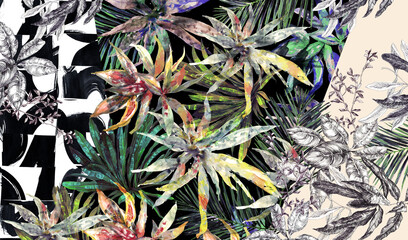 Obraz premium Seamless floral background scarf art abstract design textile. seamless beautiful artistic bright tropical pattern with exotic forest. Colorful Fabric Flower pattern. Beautiful vintage Floral