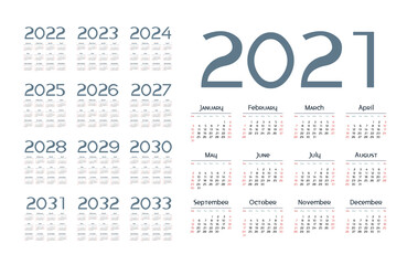 English calendar for years 2021-2033, week starts on Sunday