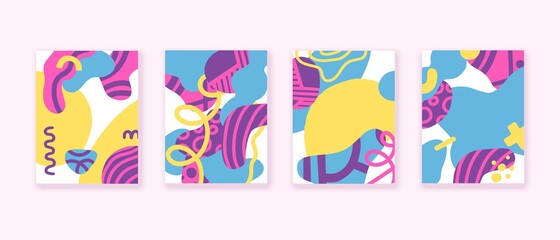 Set of colorful abstract cards with hand drawn artistic shapes, liquid, curly design elements. Vector.
