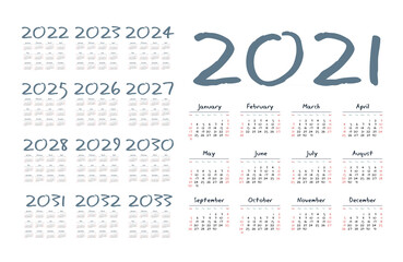 English calendar for years 2021-2033, week starts on Sunday