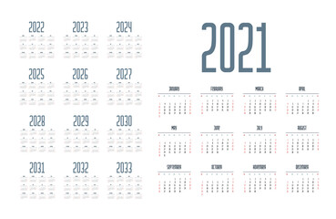 English calendar for years 2021-2033, week starts on Sunday