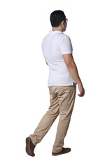 Full length portrait of Asian man wearing white shirt and khaki jeans standing walking, rear view