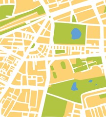 Abstract city map vector illustration with streets, parks and ponds