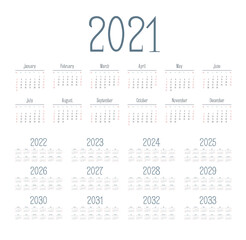 English calendar for years 2021-2033, week starts on Sunday