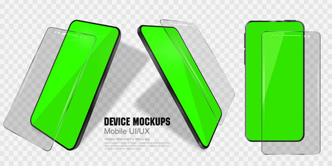 3D Model of a realistic smartphone on a transparent background. Phone from different sides with a transparent protective glass or film for the screen. Device mockups
