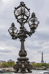 Fototapeta na wymiar Art Nouveau lamps on famous Alexandre III Bridge in Paris. Alexandre III Bridge, with exuberant, cherubs, nymphs and winged horses at either end, was built in 1896 - 1900. Paris, France.